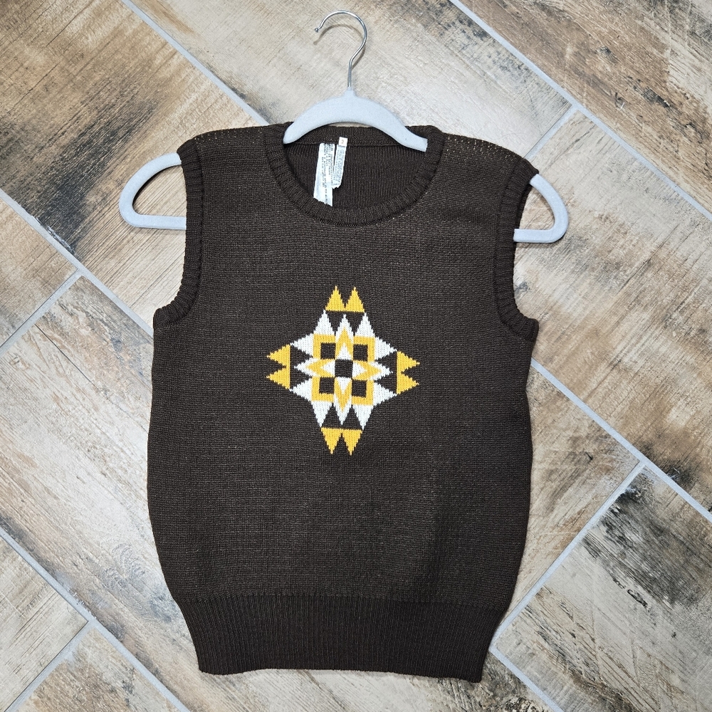 Vintage 70s Givenchy Nouvelle Boutique Vest Brown Yellow Graphic Womens Size 2 - Picture 2 of 16